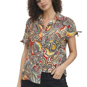 Tommy Hilfiger Paisley Cap Sleeve Tie Button Up Shirt Multicolor XL
